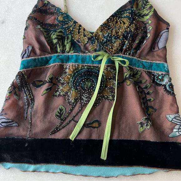 Vintage Y2K Beaded Silk Velvet Floral Boho Fairy Babydoll Mesh Tank Top - Picture 2 of 13